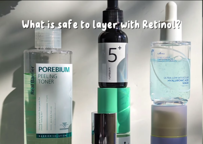 Skincare products compatible with Retinol including toner, hyaluronic serum, and barrier solution